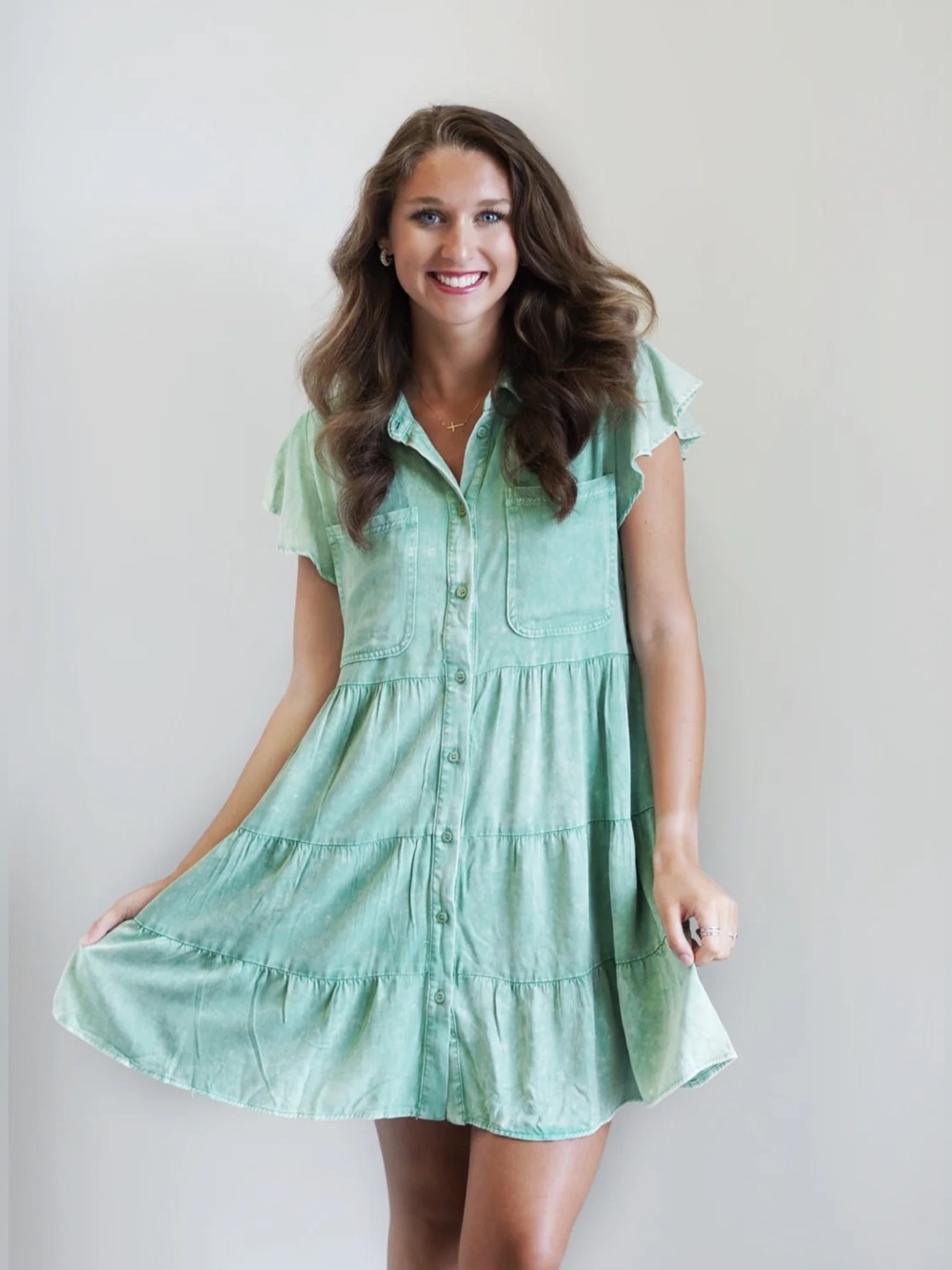 JODIFL Faded Wash Green Button-Down Tiered Mini Dress MEDIUM